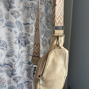 Cream Crossbody Sling Bag with Patterned Strap